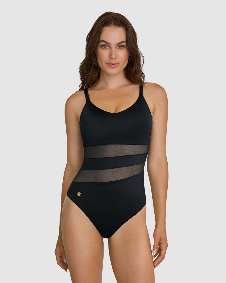 Bañador entero de control con franjas en tul y tela con brillo